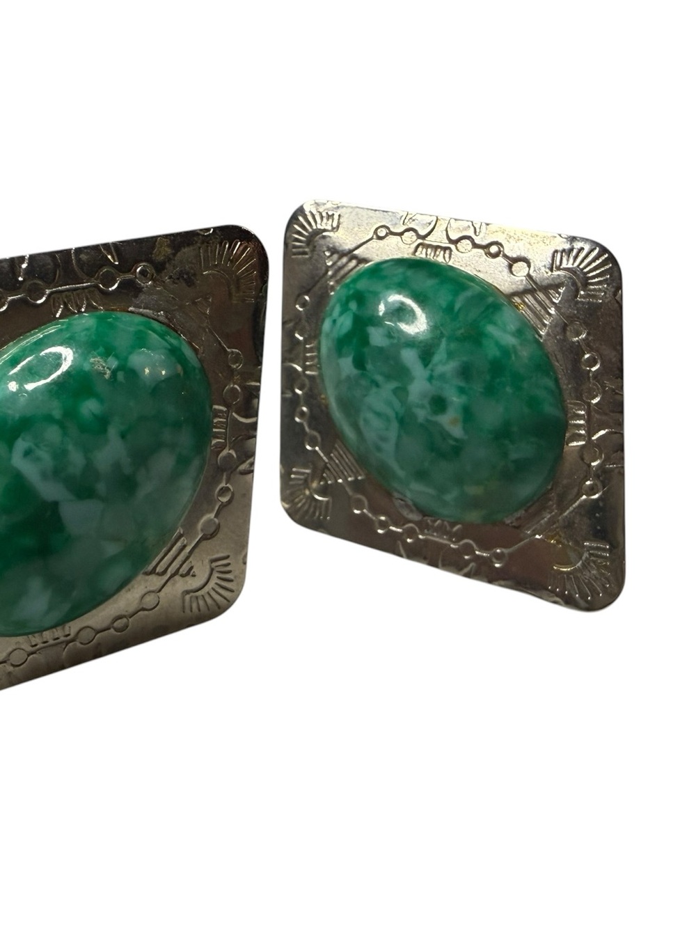 Vintage Southwestern Faux Jade Statement Clip Earrings Silver Tone Geometric - Picture 5 of 10